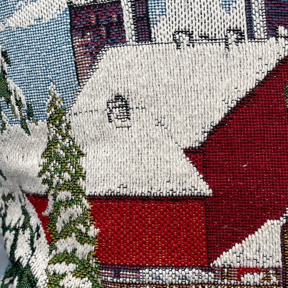 Needle Point Winter Farm Scene Throw Pillow 13.5” Sq - Picture 2 of 10